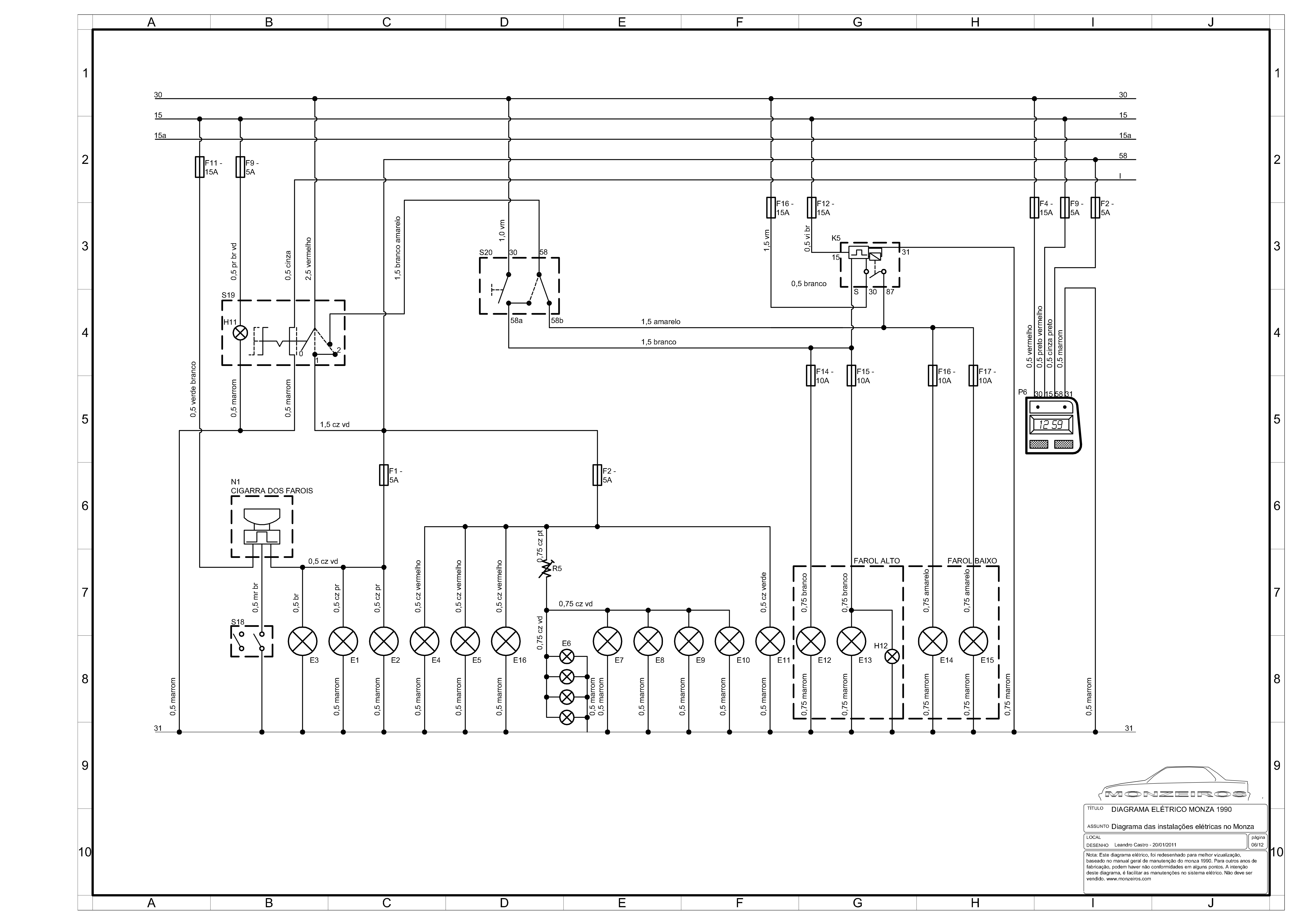 Diagrama de referência de F2, folha 7: Faróis e iluminação do painel