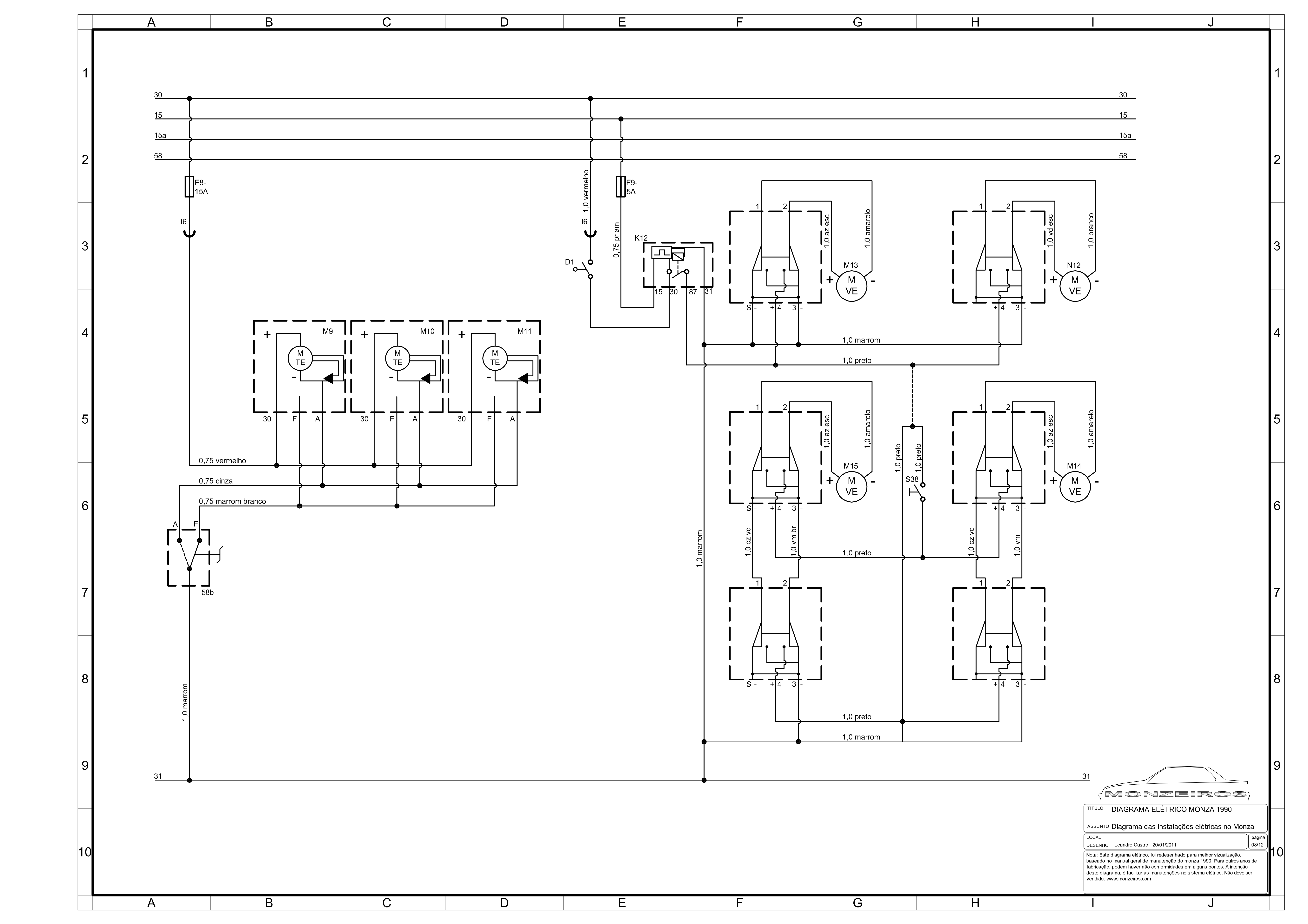 Diagrama de referência de F8, folha 9: Vidros elétricos e travas