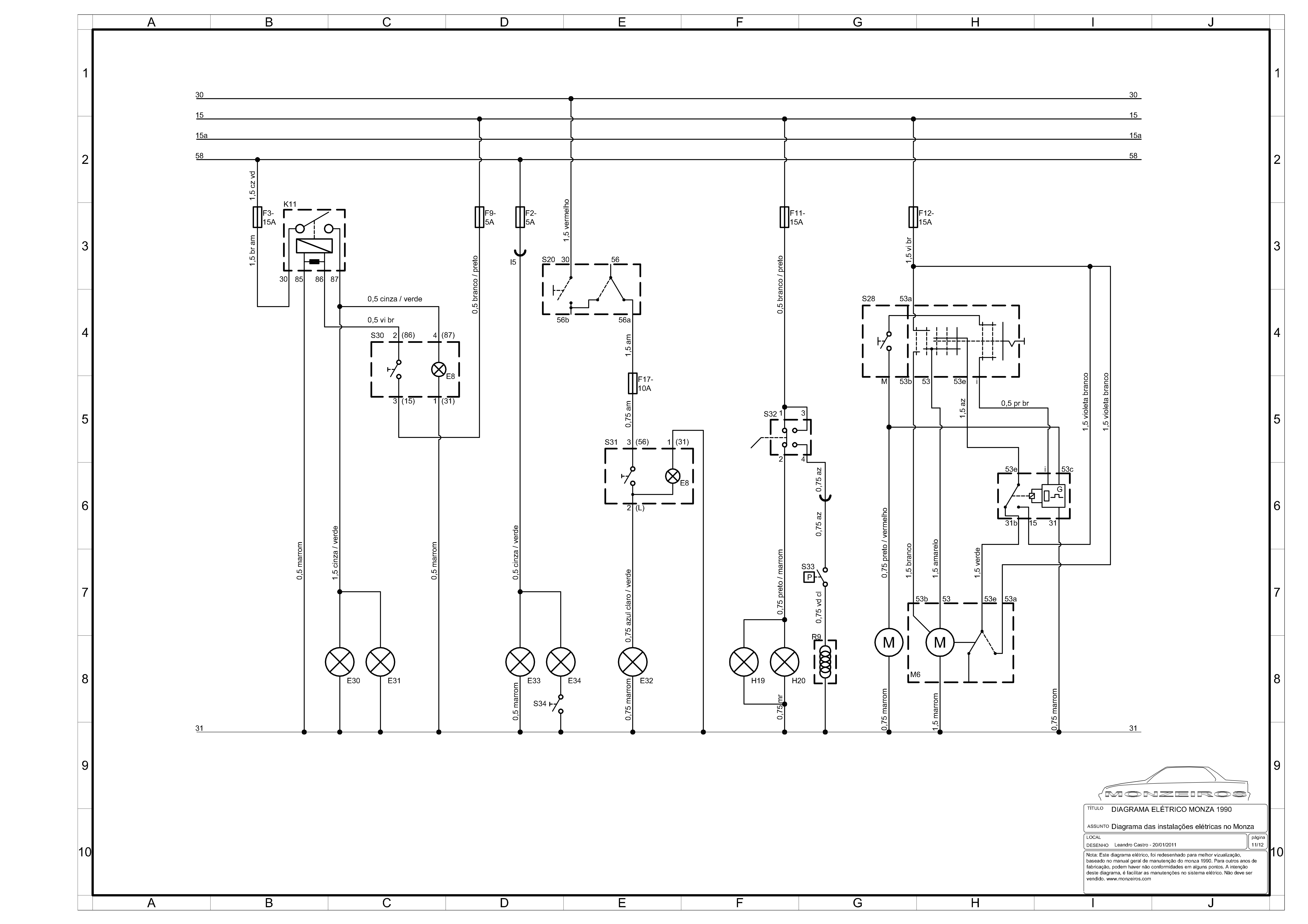 Diagrama de referência de E32, folha 12: Neblina e luzes de freio